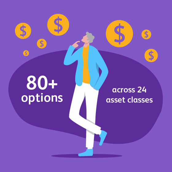 Illustration conveying access to over 80 investment options across 24 asset classes.