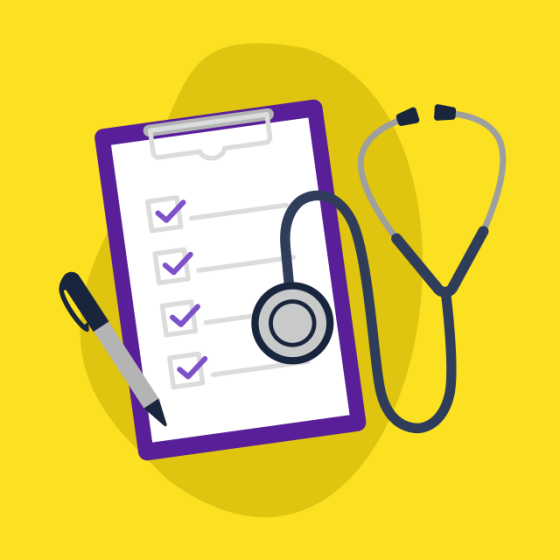 Abstract illustration of a checklist, pen, and stethoscope to show how to stress test a portfolio using a medical analogy.