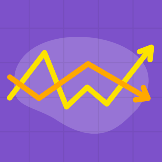Illustration of a chart with yellow and orange lines and arrows indicating an uncertain market.